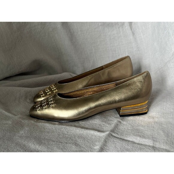 vtg 80 Annie gold slip on loafer block heel pump shoes xoxo metallic retro 7M - Picture 4 of 9